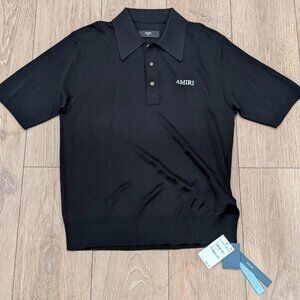 $990 Mens AMIRI Spirit Logo Embroidered Viscose Polo Shirt Black Large